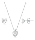 Colar Prata 925 Legítima + Brincos Feminino Coração Zircônia Prata