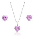 Conjunto Colar 50cm Prata 925 E Par Brincos Coração Zircônia Cor Rosa